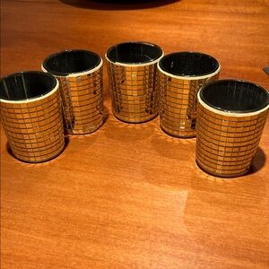 Set of 5 gold mosaic votives 2 1/2 inches tall tall 2 inch wide.